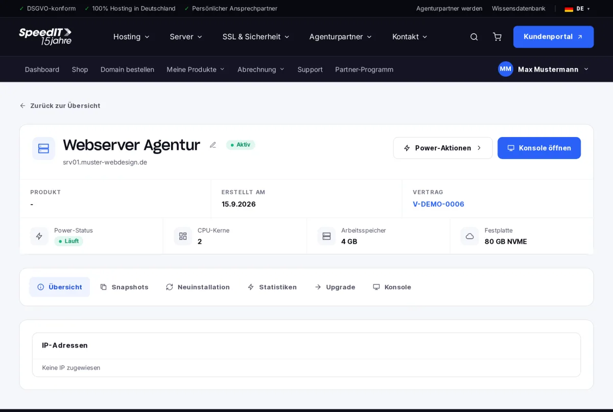 Kundenbereich: Cloud Server mit Power-Aktionen, Ressourcen und Konsole