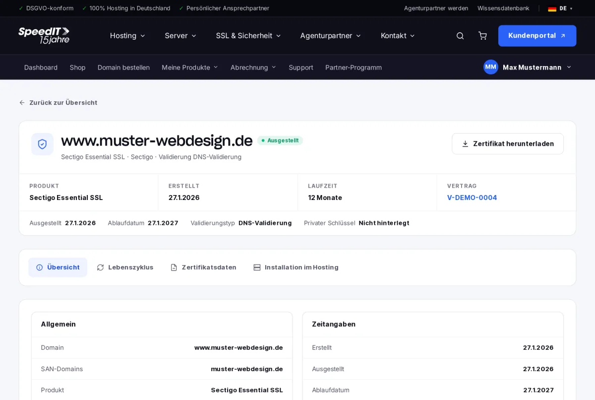 Kundenbereich: Details eines ausgestellten SSL-Zertifikats