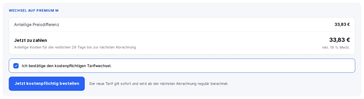 Zusammenfassung des Tarifwechsels mit Bestätigung und Knopf zum Bestellen
