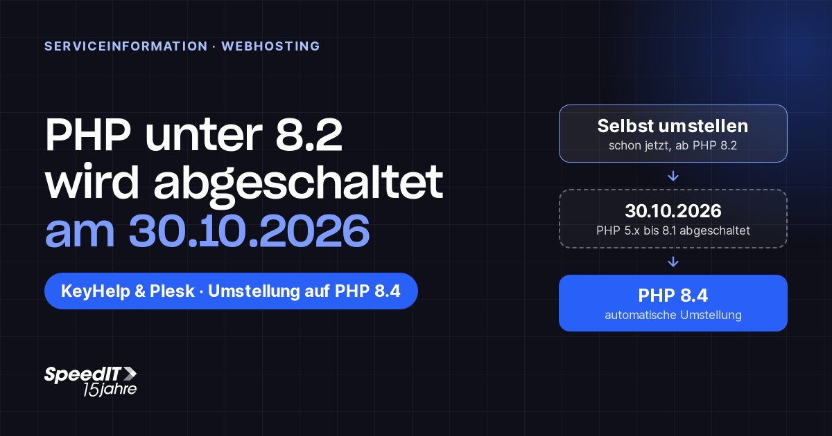 Grafik: PHP unter 8.2 wird am 30.10.2026 abgeschaltet - selbst umstellen, sonst automatische Umstellung auf PHP 8.4