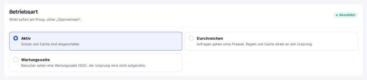 Betriebsart mit Aktiv, Durchreichen und Wartungsseite