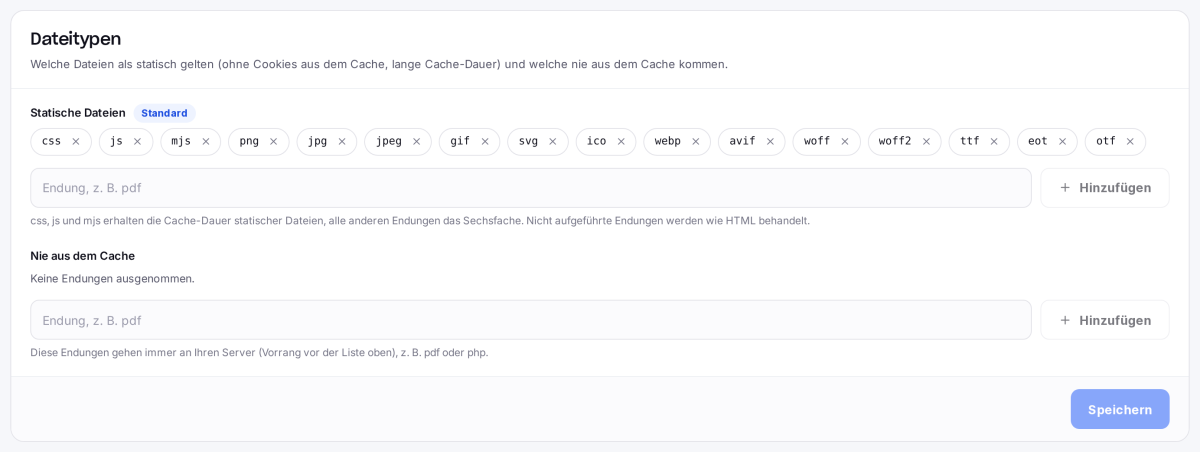 Dateitypen mit der Liste statischer Dateien und den Endungen, die nie aus dem Cache kommen