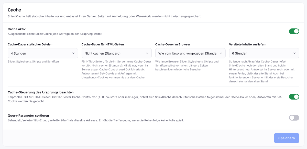 Einstellungen des Caches mit Cache-Dauer, HTML, Browser und veralteten Inhalten