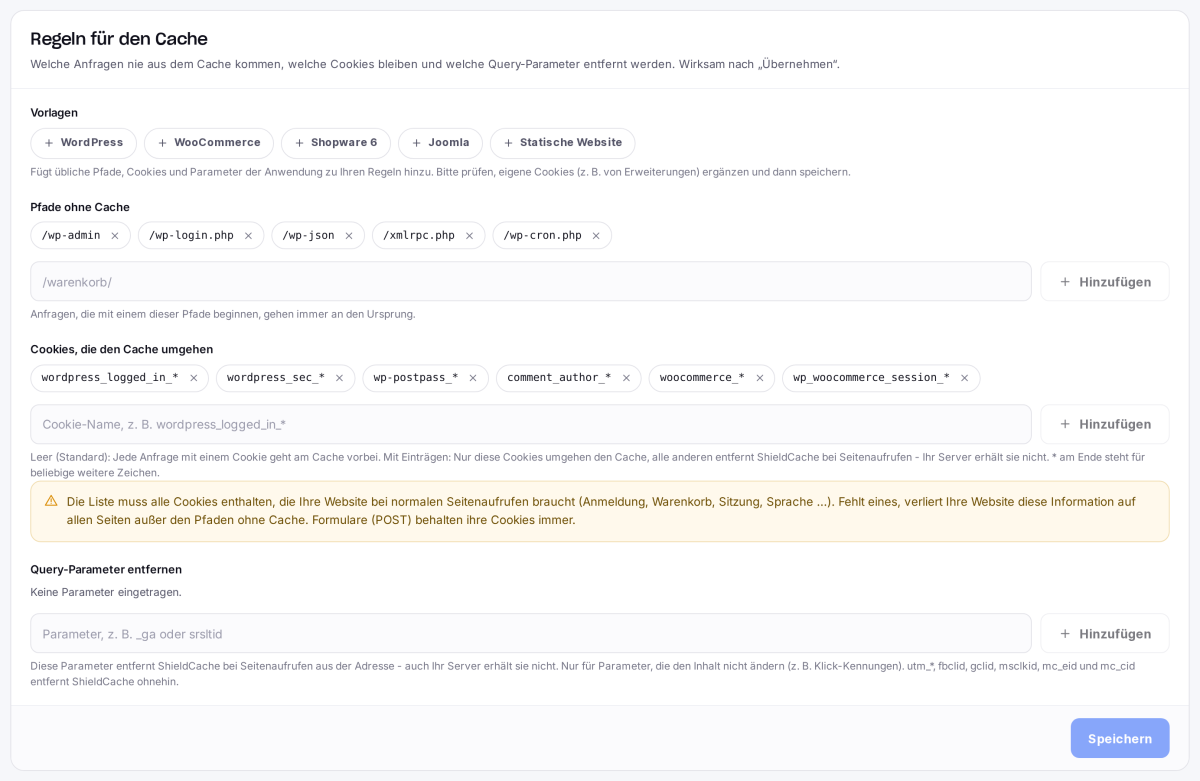 Regeln für den Cache mit Vorlagen, Pfaden ohne Cache, Cookies und Query-Parametern