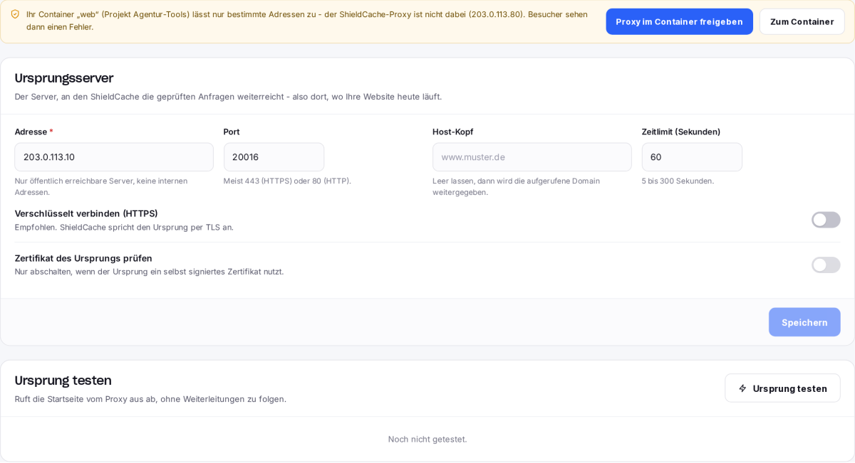 Reiter Ursprung einer ShieldCache-Seite mit dem Hinweis, dass der IP-Filter des Containers den Proxy nicht zulässt, und dem Knopf „Proxy im Container freigeben“