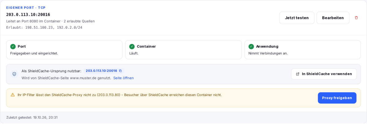 Reiter Erreichbarkeit eines Containers mit der Zeile „Als ShieldCache-Ursprung nutzbar“, Kopierknopf und „In ShieldCache verwenden“