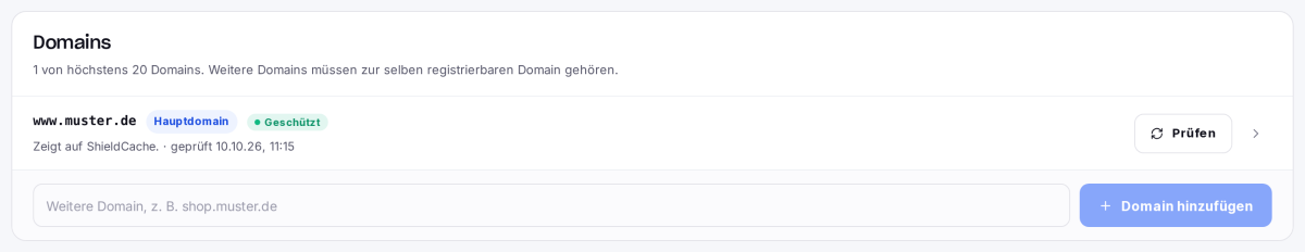 Unterreiter Domains mit der bestätigten Hauptdomain, Prüfen und Domain hinzufügen
