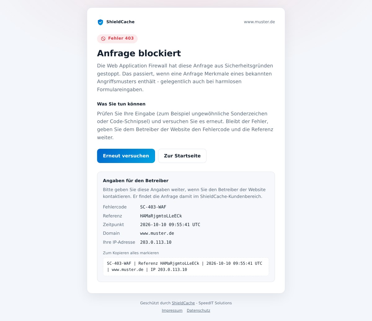 Fehlerseite „Anfrage blockiert“ mit Fehlercode SC-403-WAF und Referenz