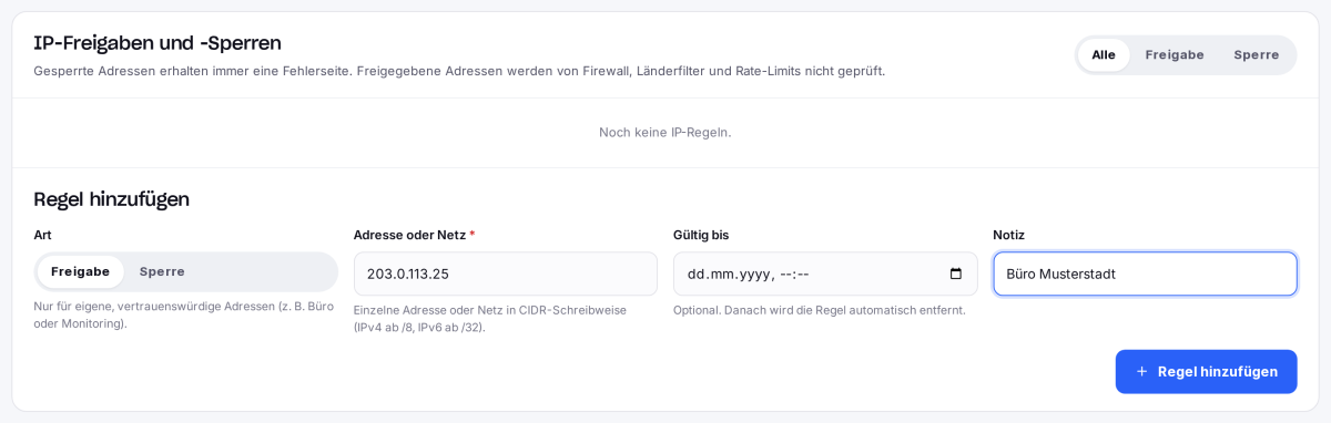 IP-Freigaben und -Sperren mit dem Formular für eine neue Regel