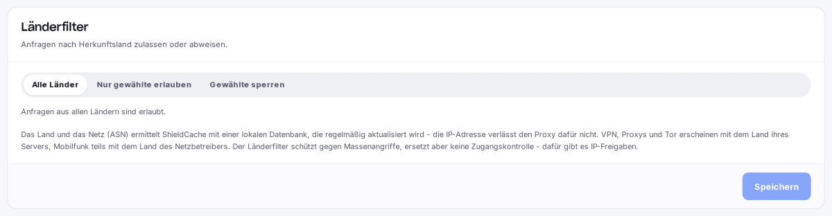 Länderfilter mit den Modi Alle Länder, Nur gewählte erlauben und Gewählte sperren