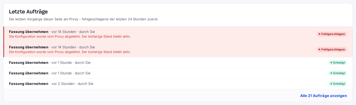Letzte Aufträge einer Seite, fehlgeschlagene zuerst