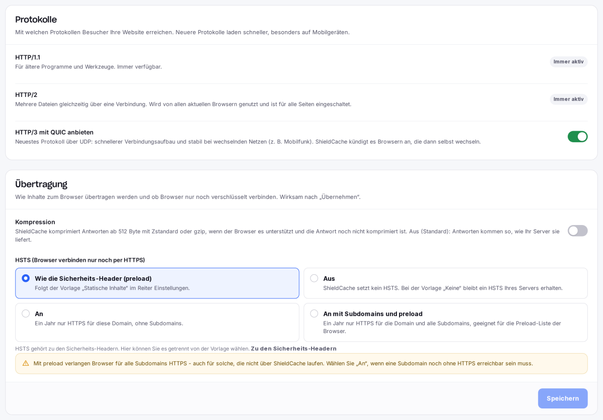 Reiter Optimierung mit HTTP/1.1, HTTP/2, HTTP/3, Kompression und HSTS