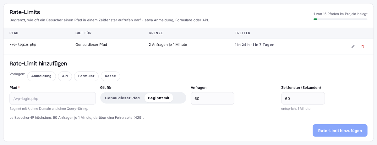 Rate-Limits mit einer Regel, ihren Treffern und den Vorlagen