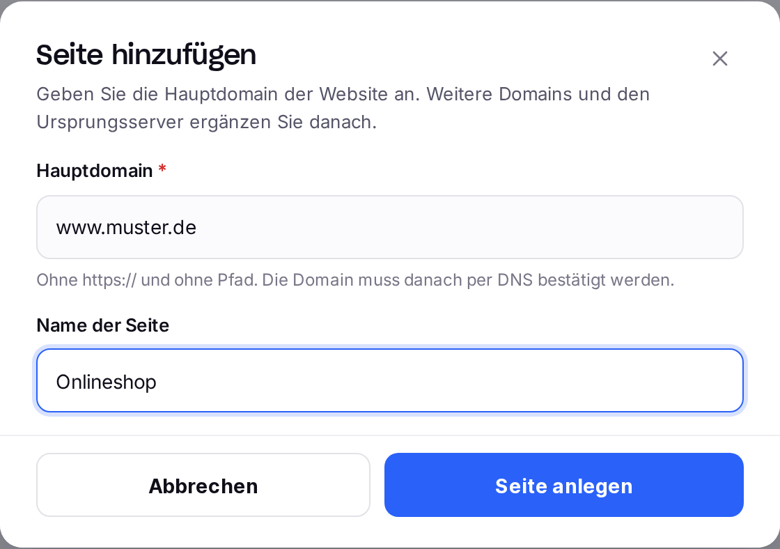 Dialog „Seite hinzufügen“ mit Name der Seite und Hauptdomain