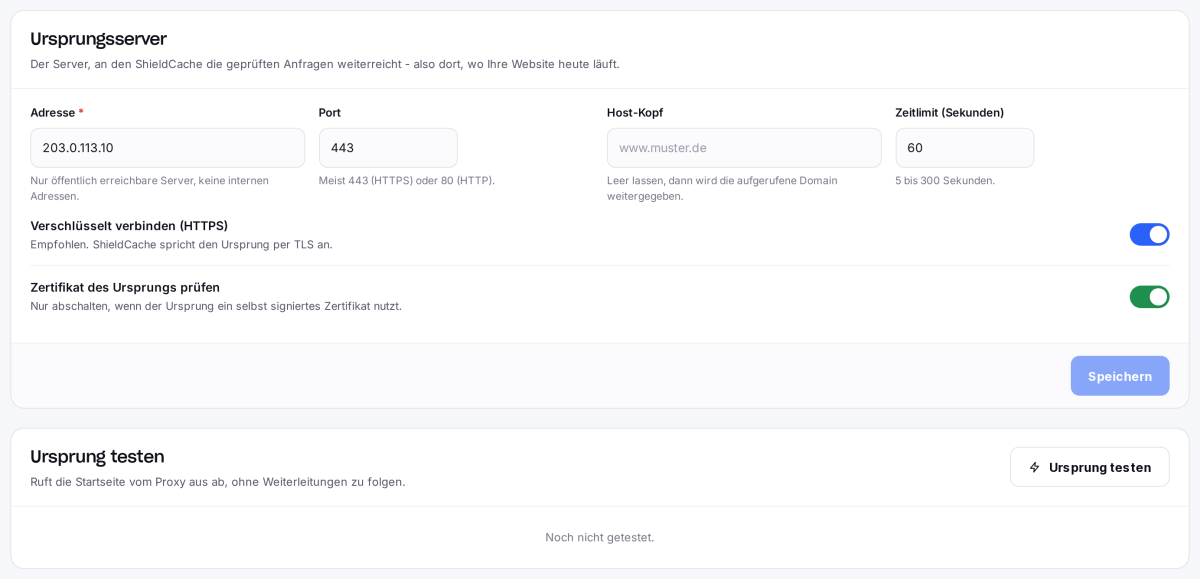 Unterreiter Server mit Adresse, Port, TLS und dem Test des Ursprungs