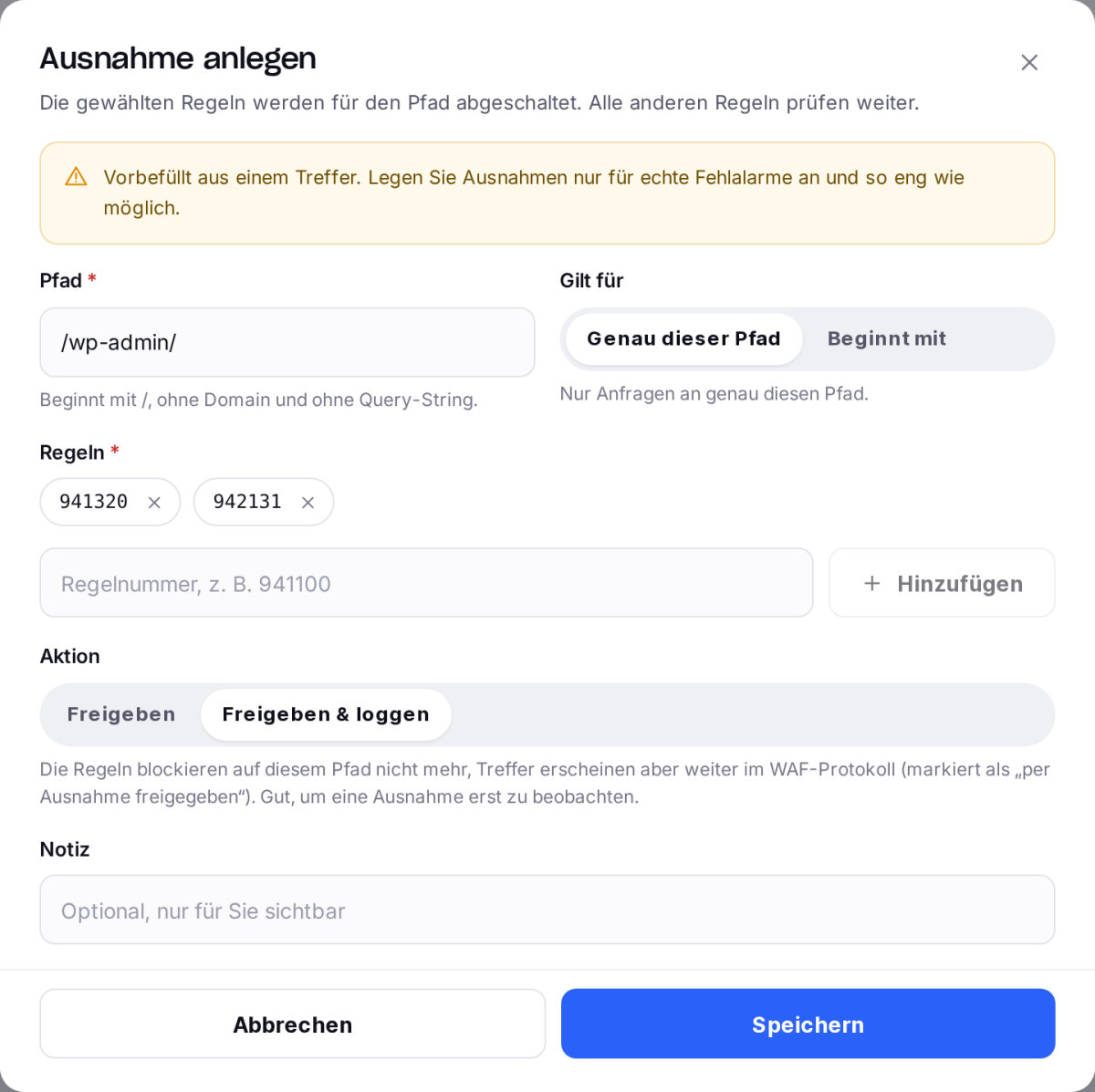 Dialog „Ausnahme anlegen“, aus einem Protokolleintrag vorbefüllt