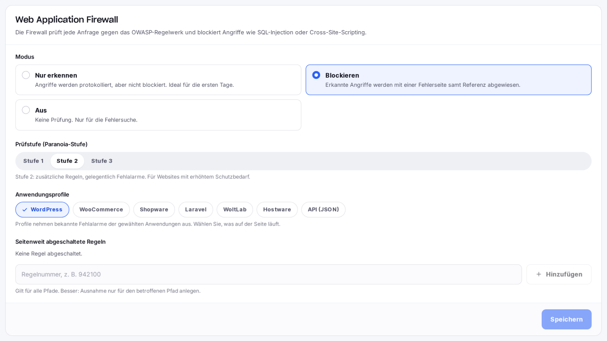 Einstellungen der Web Application Firewall mit Modus, Prüfstufe und Anwendungsprofilen