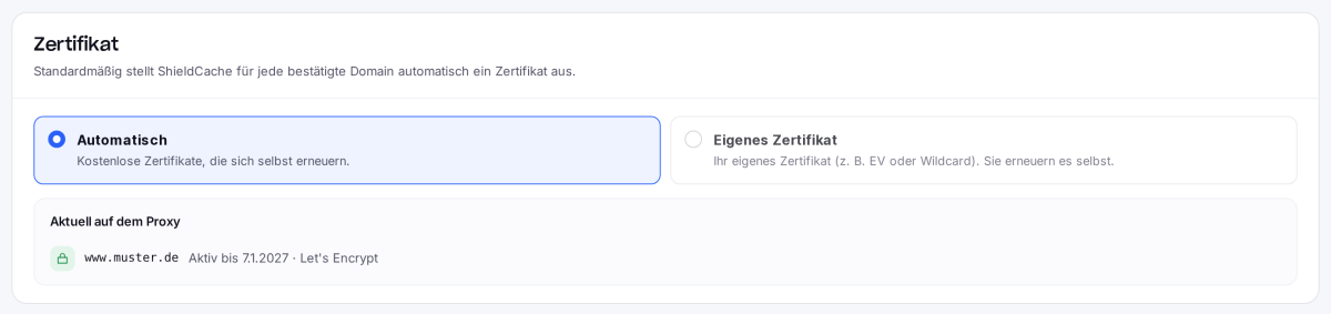 Zertifikat der Seite mit automatischem und eigenem Zertifikat