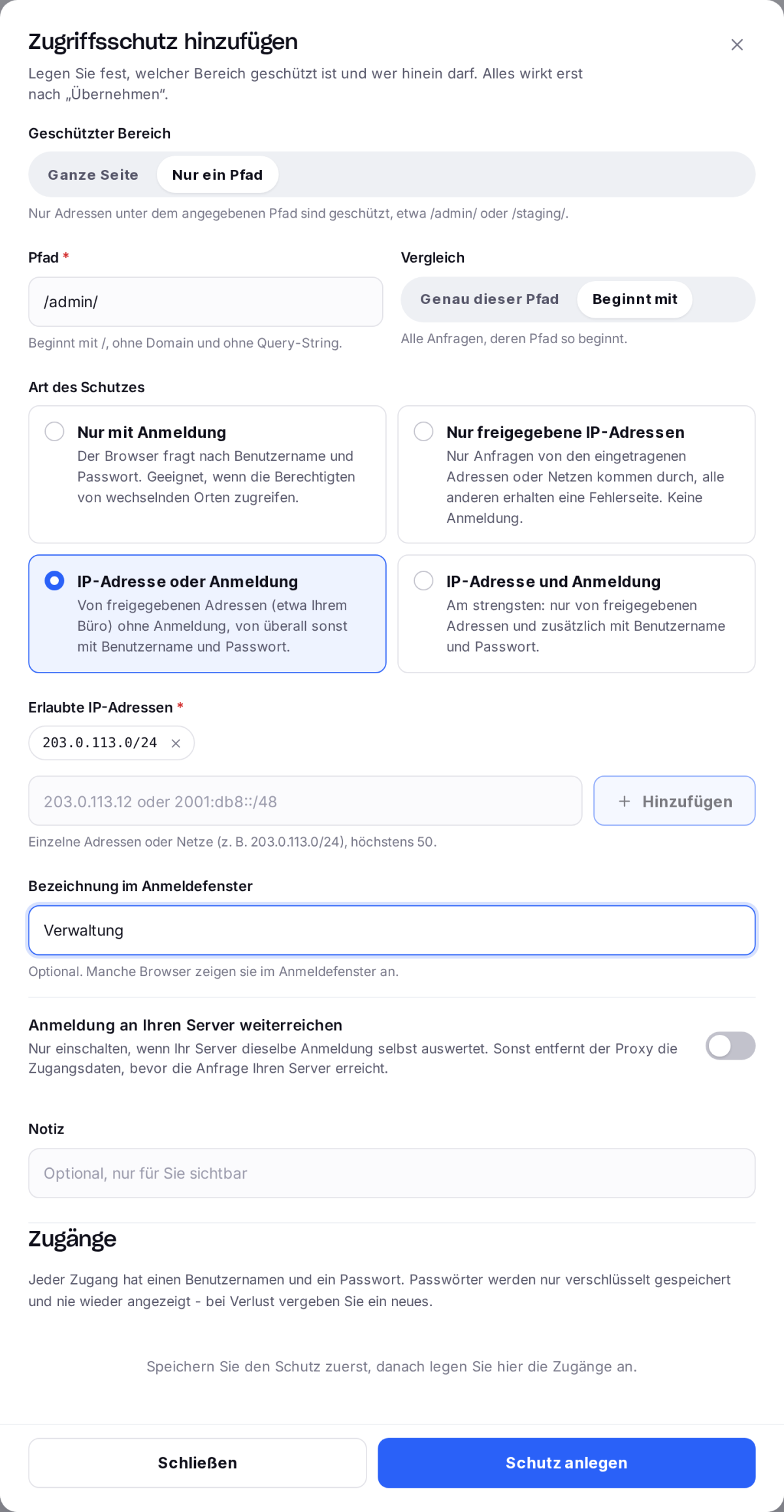 Dialog „Zugriffsschutz hinzufügen“ für den Pfad /admin/ mit IP-Adresse oder Anmeldung