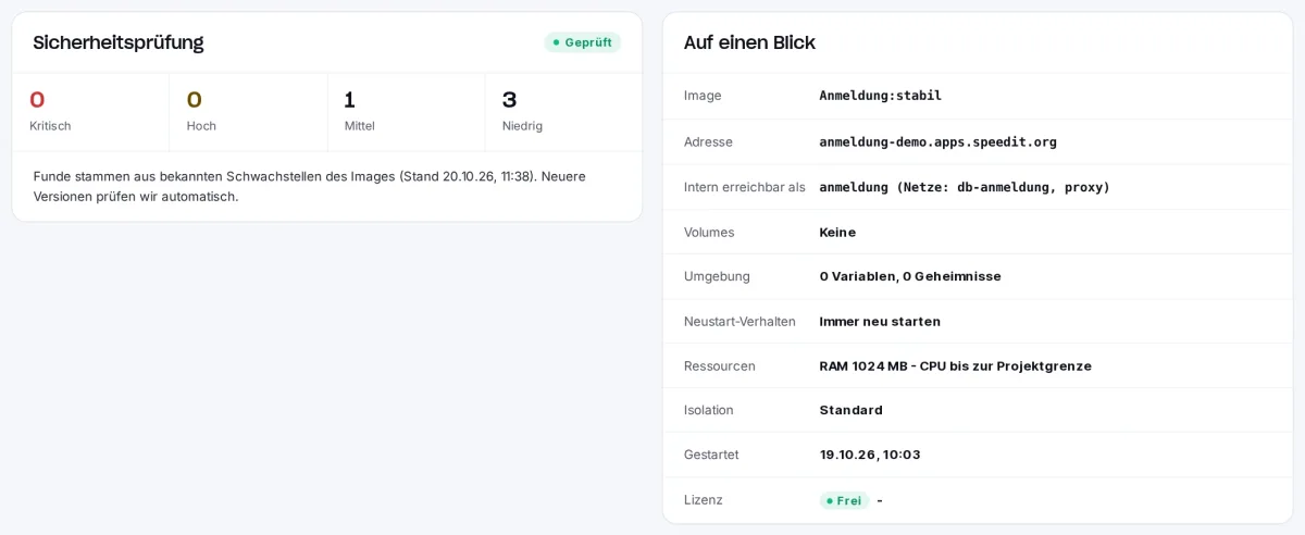 Sicherheitsprüfung eines Abbilds im Container-Hosting: Anzahl bekannter Schwachstellen nach Schweregrad kritisch, hoch, mittel und niedrig, daneben die Eckdaten des Containers.