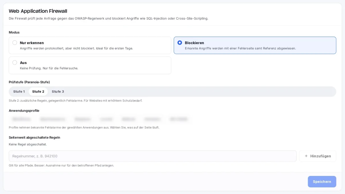 Einstellungen der Web Application Firewall in ShieldCache: Modus „Blockieren“, Prüfstufe und Anwendungsprofile.