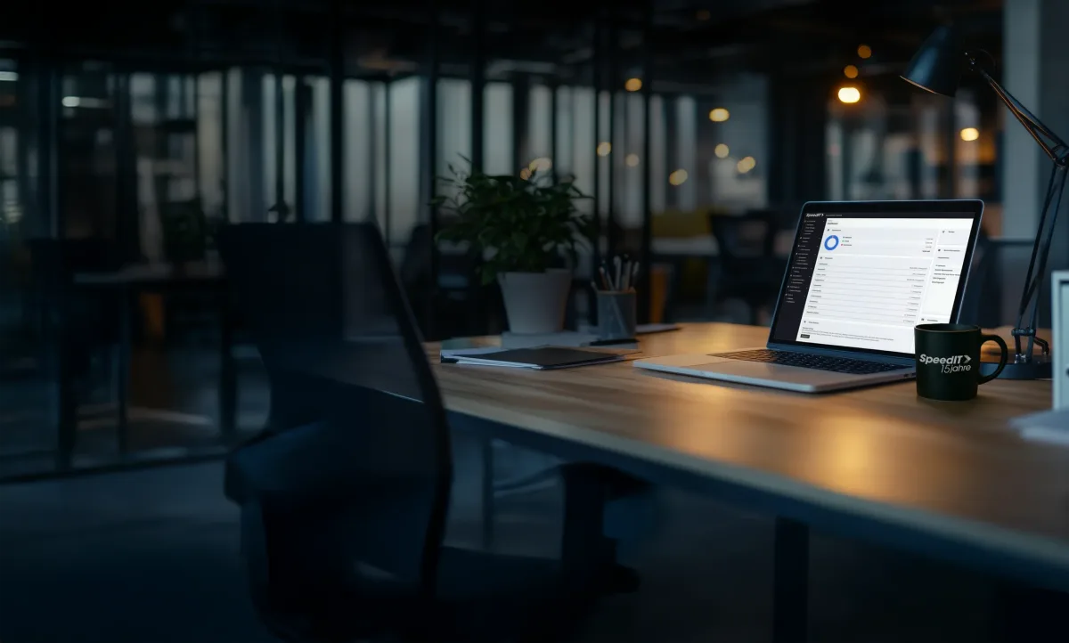 Arbeitsplatz mit Laptop und SpeedIT Kundenportal